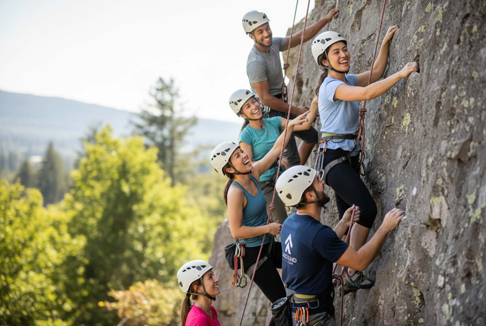 Gruppe von 6 Personen die in einem Firmen incentive  beim klettern