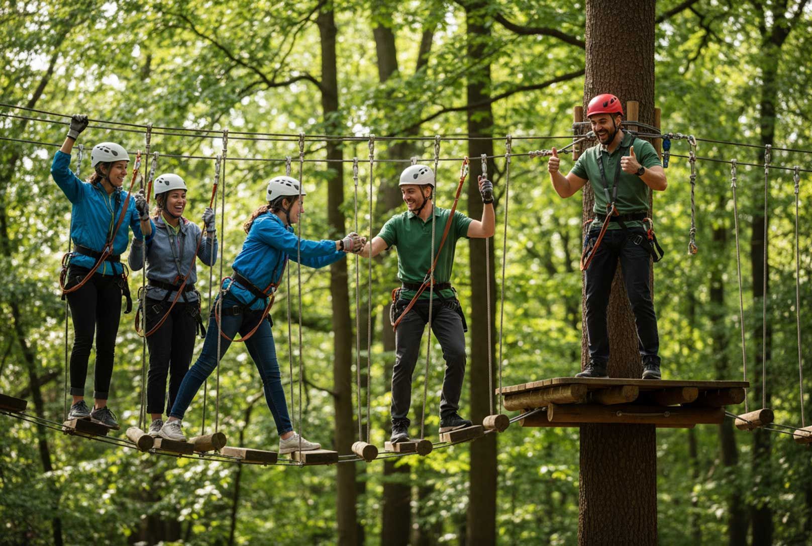 Fünf Pädagog*innen beim Teambuilding auf einem Kletterwald